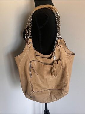 Olivia Harris Tan Leather Hobo Shoulder Bag Chain Strap Tassel Slouchy Y2K